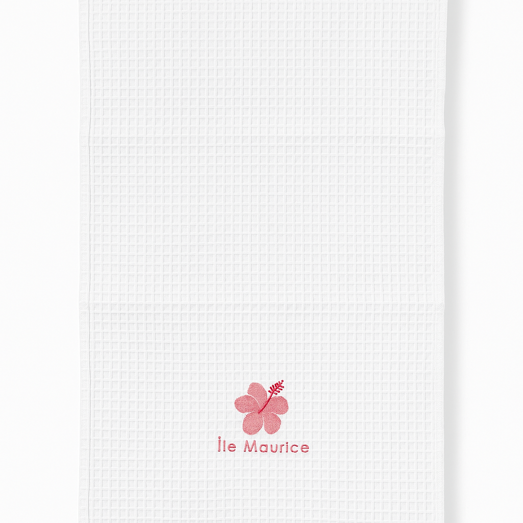 Küchentuch „Île Maurice“ – Weiss mit Waffelstruktur Hochwertige Baumwolle • Besticktes Hibiskusmotiv • Saugstark &amp; langlebig