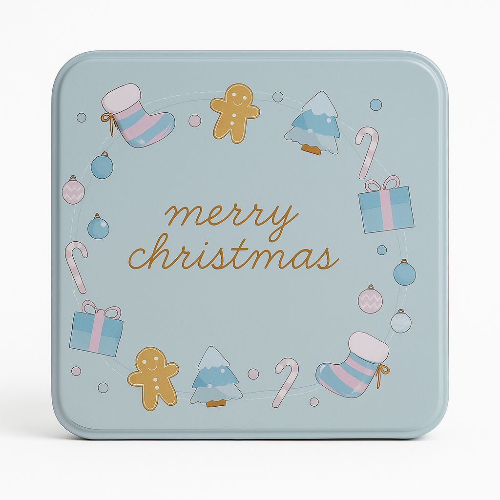Weihnachtliche Keksdose – Hellblau „Merry Christmas“ | Metall-Aufbewahrungsdose